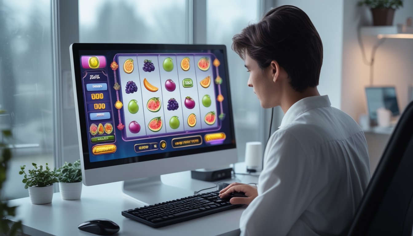 Seseorang mempelajari permainan slot bertema buah pada monitor di ruang kerja modern.