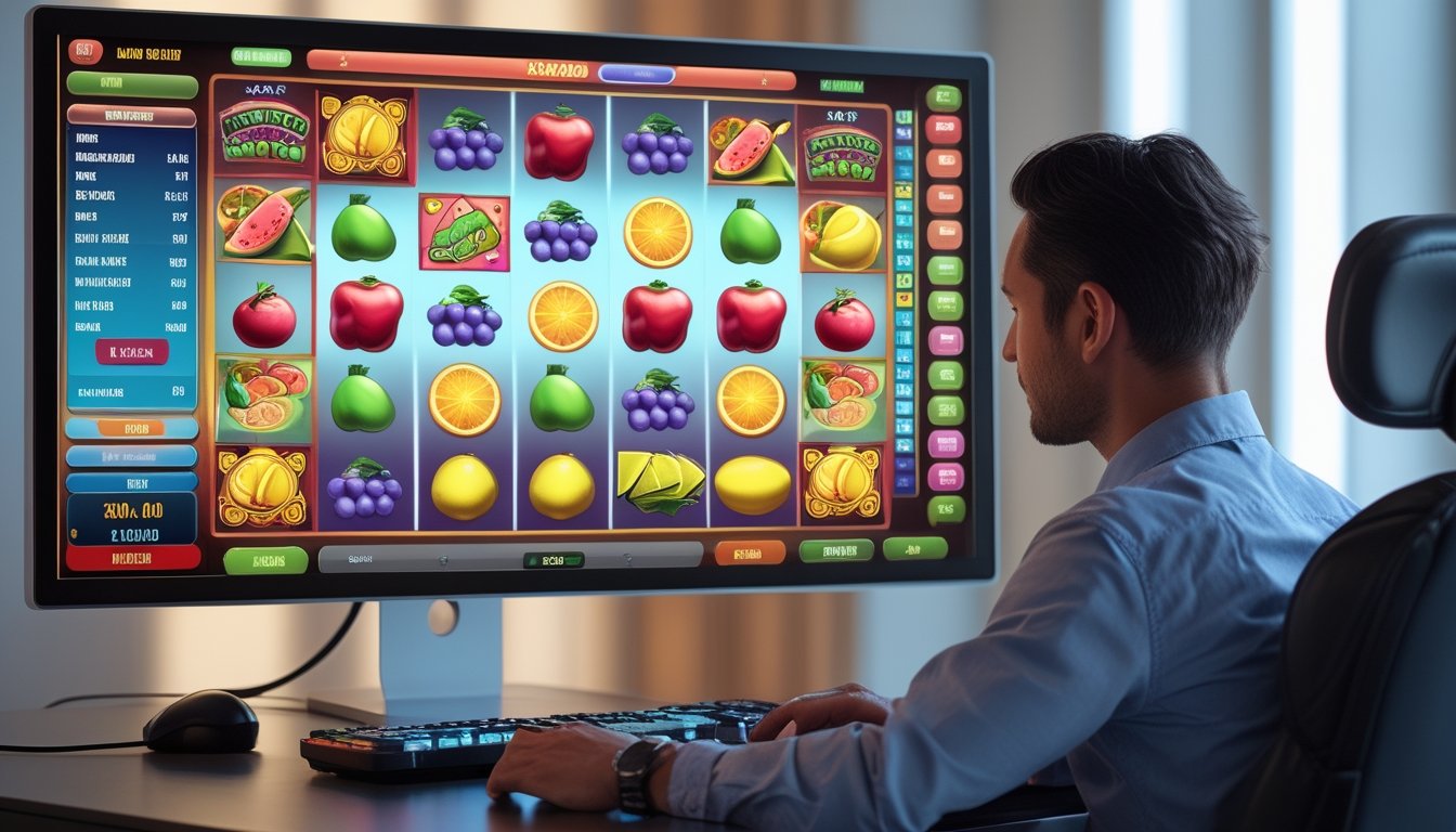 Seorang pemain mengamati permainan slot bertema buah pada monitor dengan berbagai simbol dan fitur permainan.
