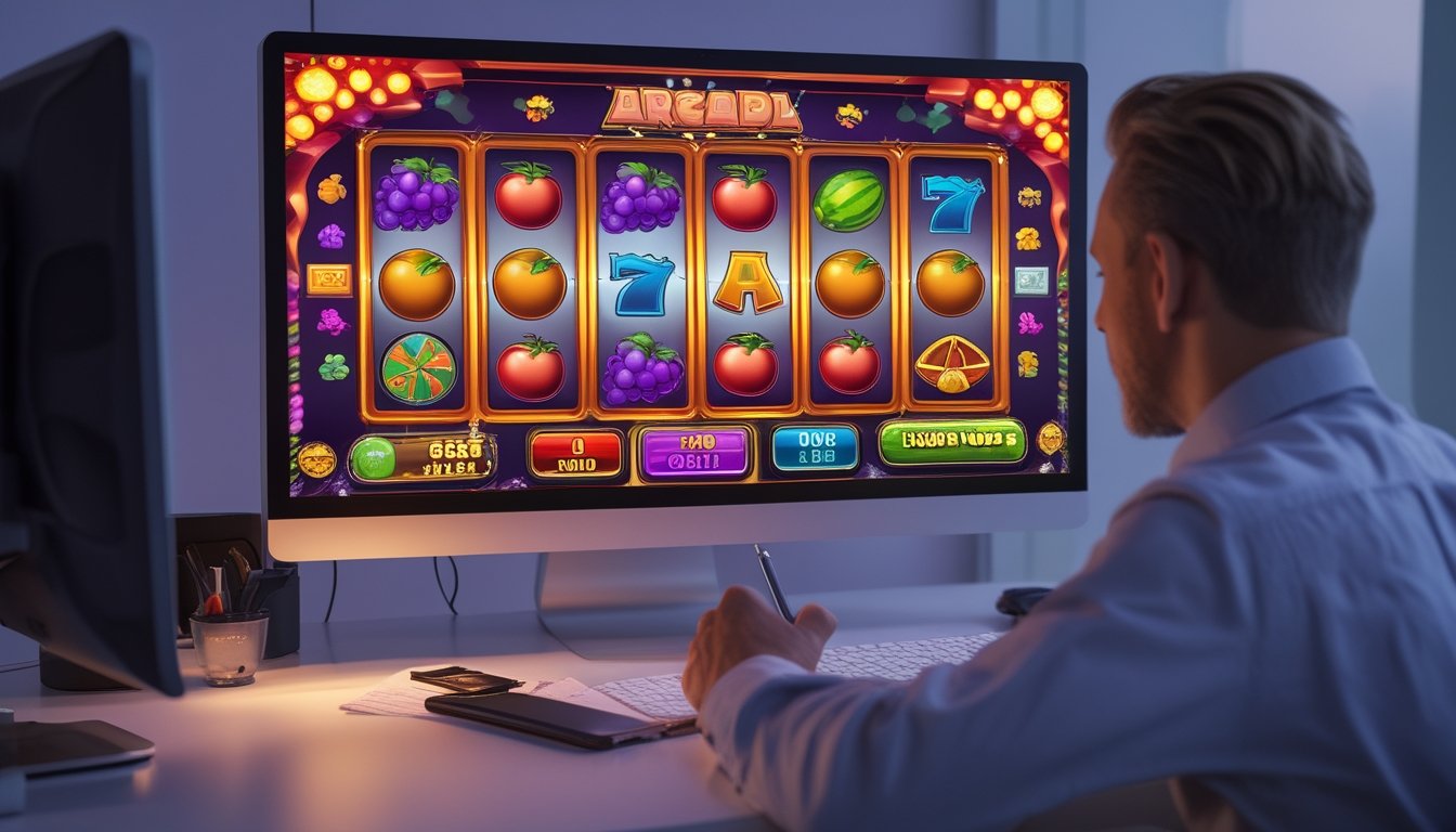 Seseorang mempelajari permainan slot bertema buah di monitor sambil membuat catatan di meja kerja.