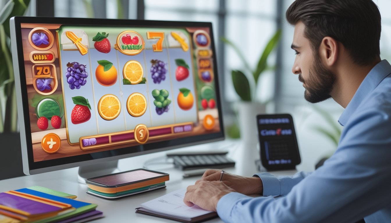 Seorang pemain menganalisis permainan bertema buah di monitor dengan catatan kosong dan perlengkapan strategi di meja.