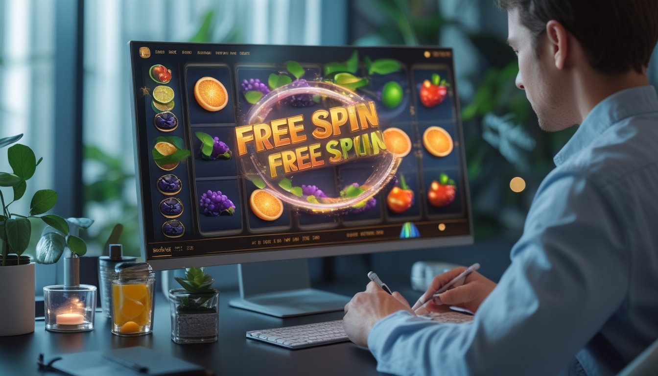 Seseorang mempelajari permainan slot bertema buah dengan simbol buah berwarna-warni dan efek putaran bonus di layar komputer.