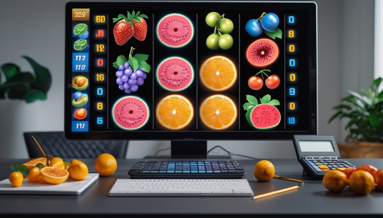 Monitor menampilkan permainan buah dengan kombinasi simbol, disertai kalkulator, buku catatan, dan buah segar di atas meja.