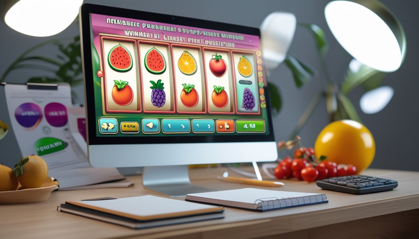 Meja kerja dengan monitor menampilkan simbol buah pada permainan slot, kalkulator, catatan kosong, dan buah-buahan segar.