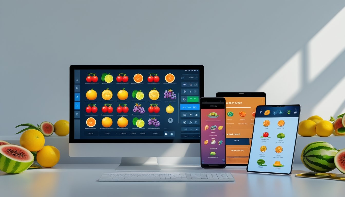 Laptop dan ponsel menampilkan permainan bertema buah dengan ikon gembok dan buah-buahan di atas meja modern.