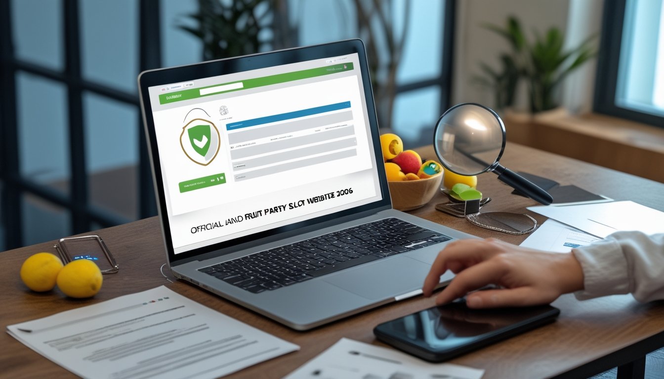 Laptop dan perlengkapan verifikasi keamanan digital berada di meja kerja dengan aksen buah segar.
