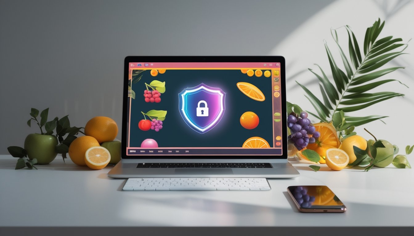 Laptop dan ponsel menampilkan ikon buah berwarna-warni dengan simbol keamanan di atas meja modern.
