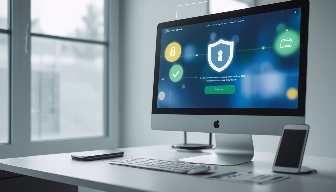 Seseorang memeriksa akses situs yang aman di komputer dengan simbol perisai dan gembok.