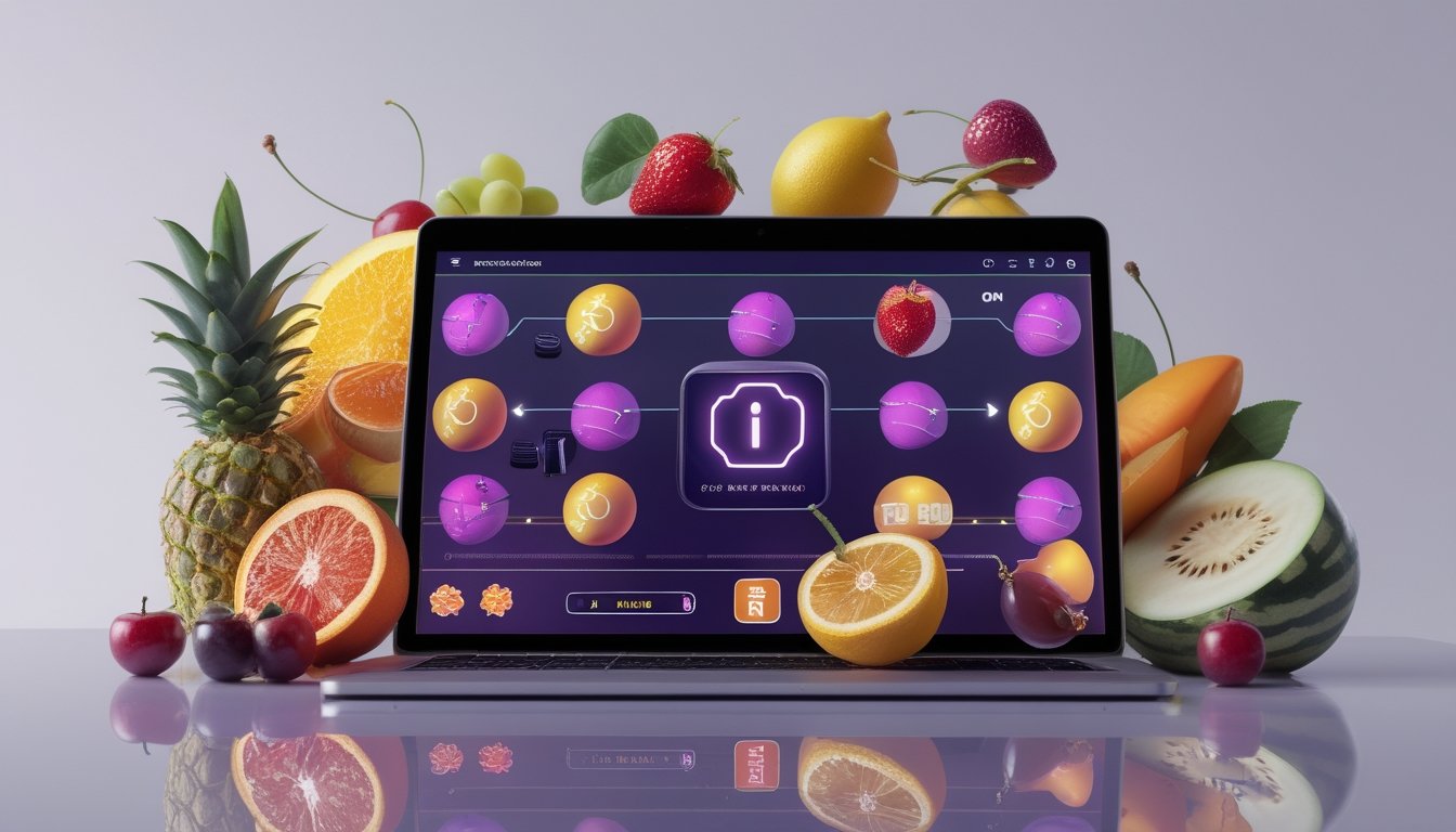 Ponsel dengan simbol pembayaran QR dikelilingi buah-buahan tropis berwarna-warni di samping laptop.