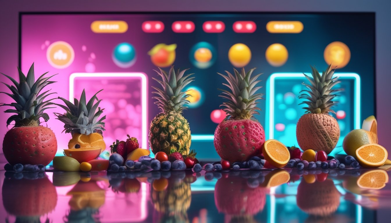 Susunan buah tropis berwarna-warni dengan latar layar digital bercahaya.