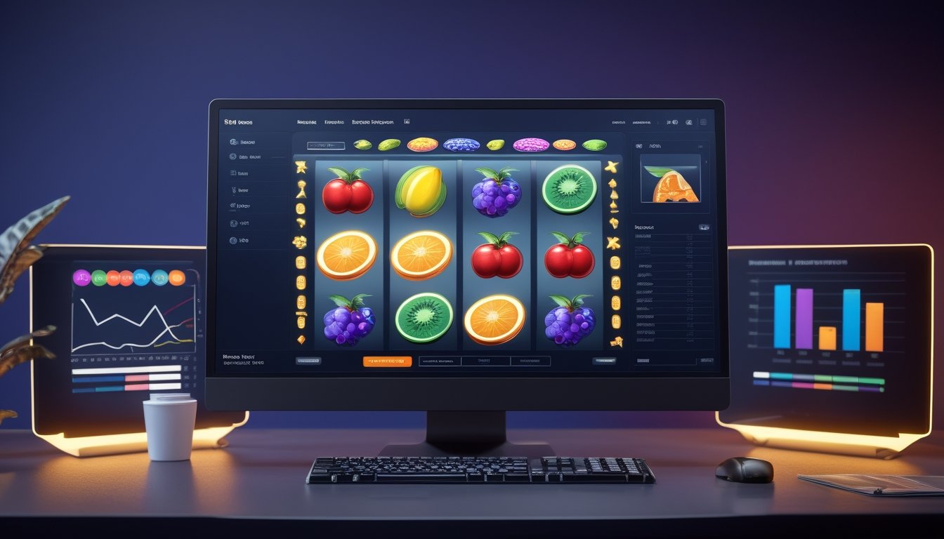 Monitor menampilkan permainan slot bertema buah berdampingan dengan grafik analitik di meja kerja modern.