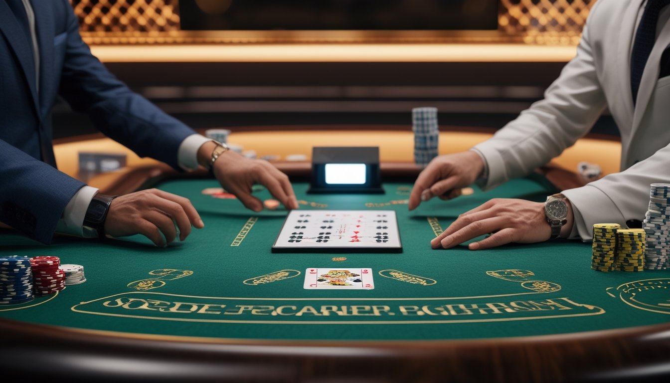 Seorang pemula mempelajari permainan baccarat cepat bersama dealer di meja kasino modern.
