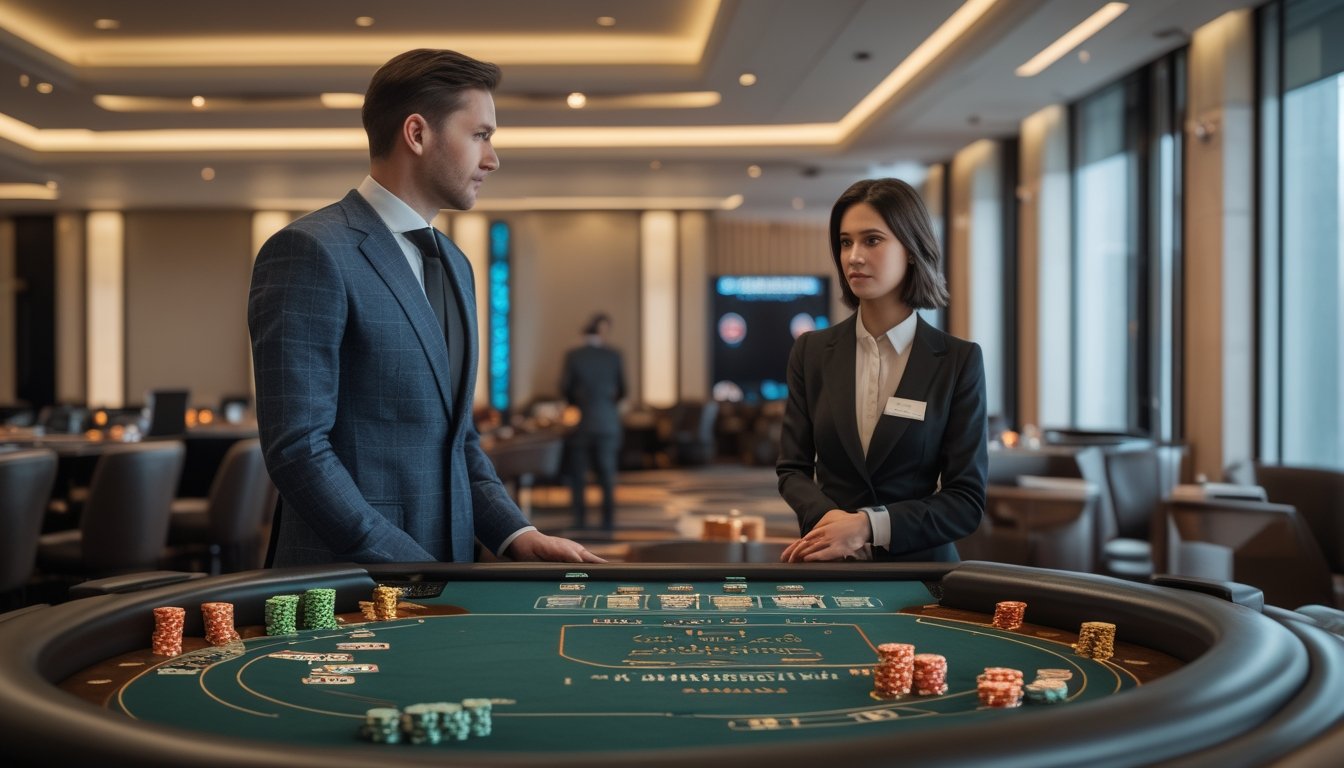 Seorang pemula mengamati permainan baccarat cepat bersama dealer di meja kasino modern.
