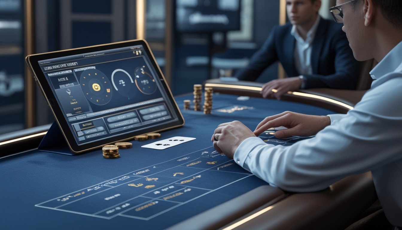 Pemain menganalisis kartu dan keping di meja baccarat modern dengan tablet berisi grafik abstrak.