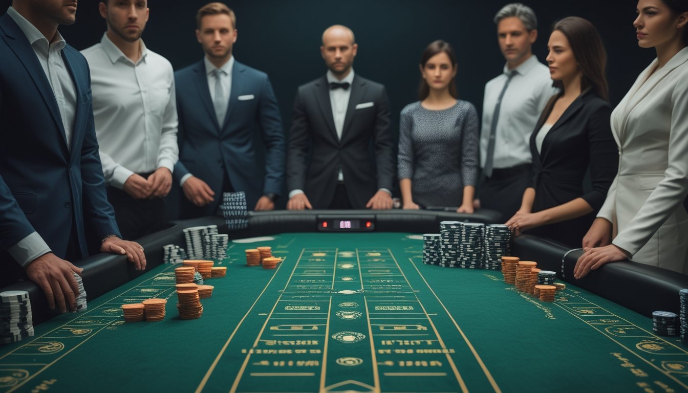 Dealer dan pemain dewasa mengamati meja permainan baccarat dengan kartu dan keping kasino.
