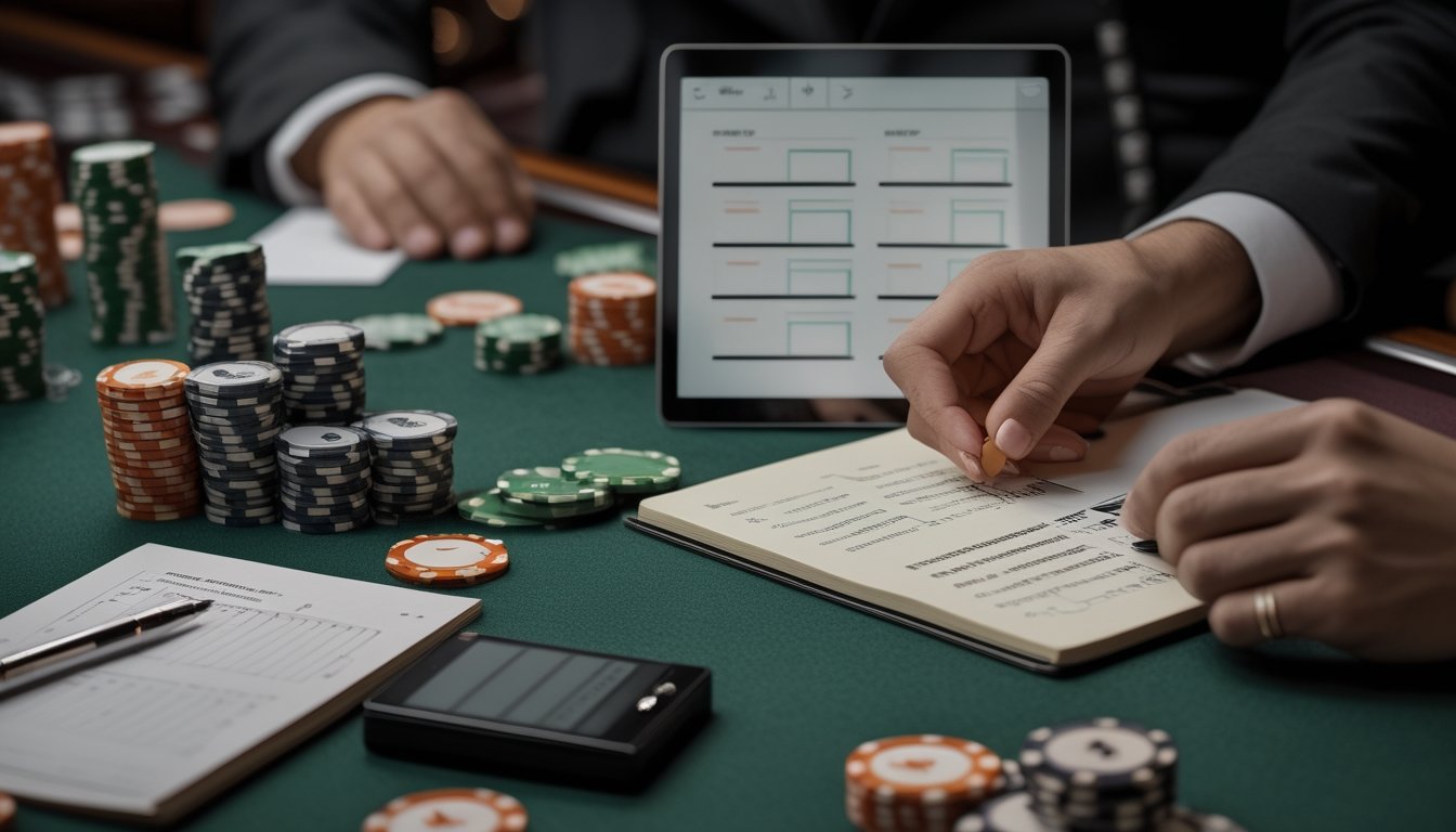 Meja baccarat dengan chip kasino yang tertata, kalkulator, ponsel, jam tangan, dan tangan yang mencatat hasil permainan.