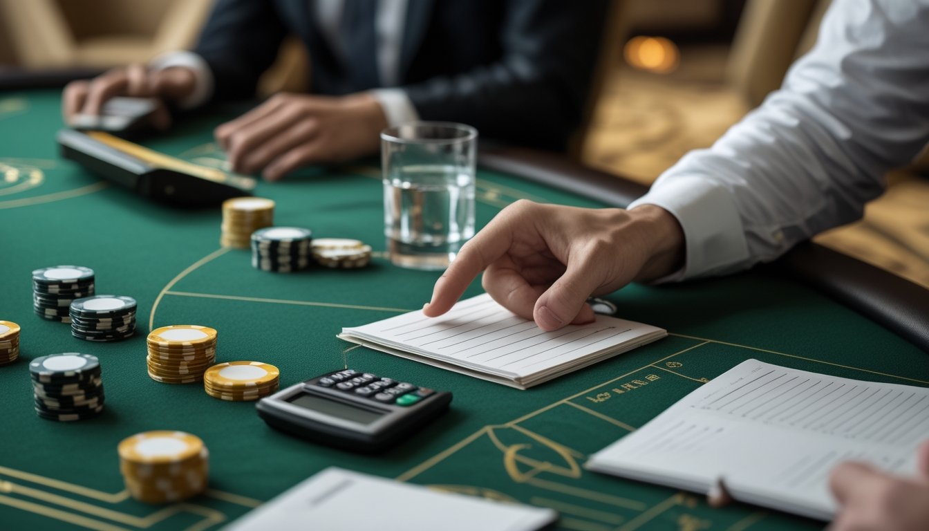 Pemain meninjau anggaran taruhan dengan tumpukan chip yang tertata di meja baccarat.