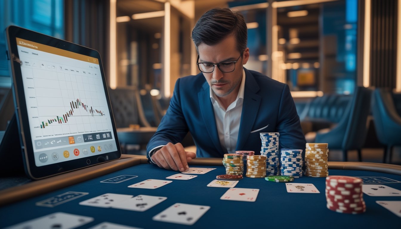 Seorang analis memeriksa kartu, chip, dan grafik tren di meja permainan modern.