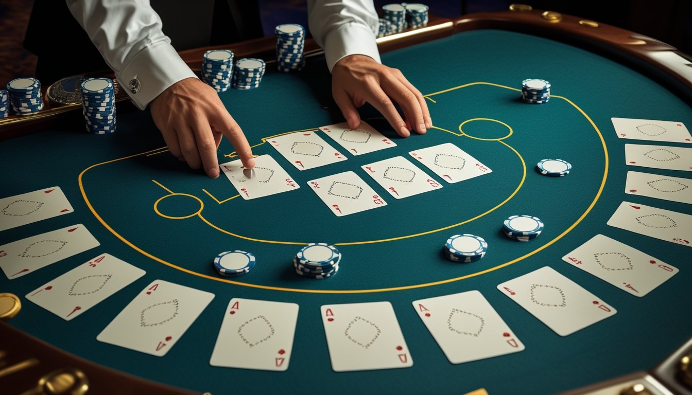 Meja baccarat dengan kartu, keping kasino, dan tangan dealer yang sedang menyiapkan permainan.