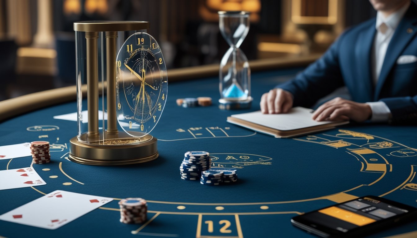 Suasana meja baccarat modern dengan kartu, keping taruhan, jam, dan jam pasir yang melambangkan pengaturan waktu.