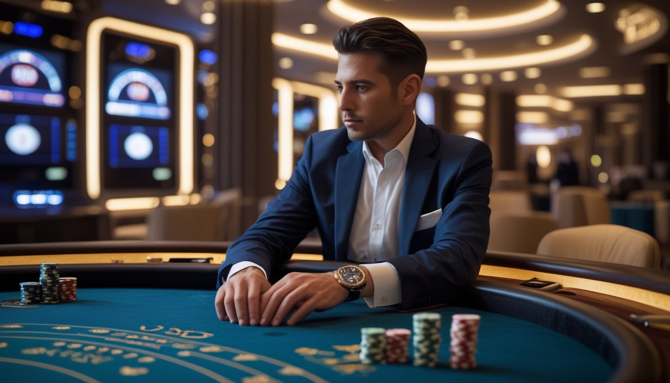 Pemain dewasa mengamati meja baccarat sambil memperhatikan jam dalam suasana kasino modern.