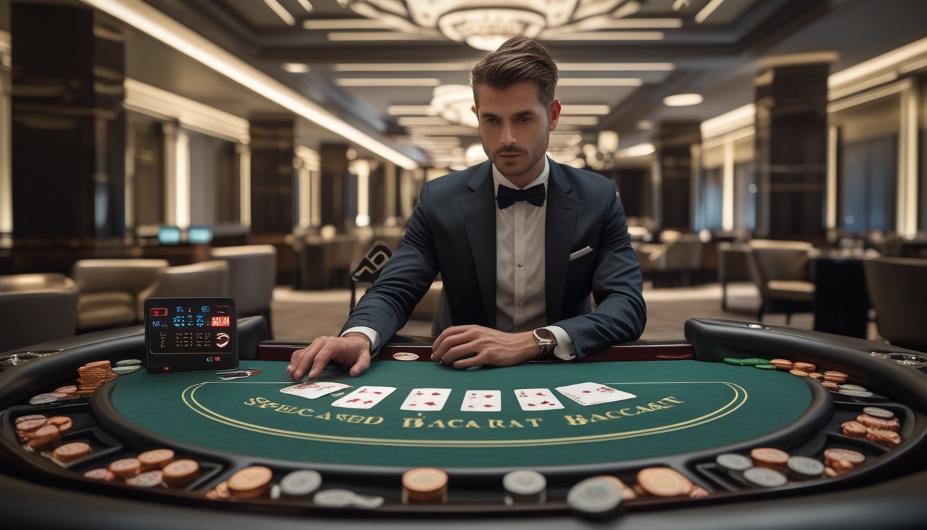Pemain profesional fokus bermain baccarat cepat di meja kasino modern dengan kartu dan keping taruhan.
