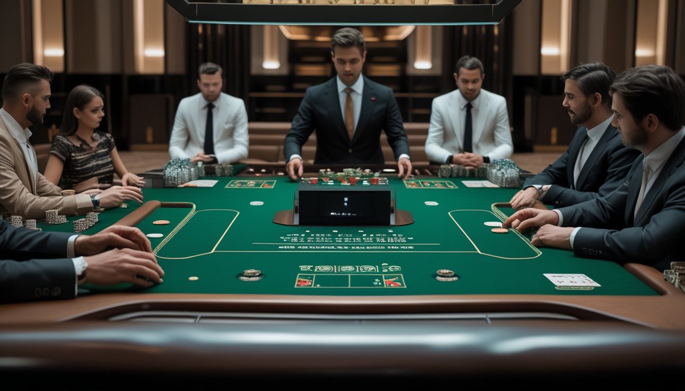 Dealer dan beberapa pemain fokus di meja baccarat dengan kartu serta chip taruhan yang tertata rapi.