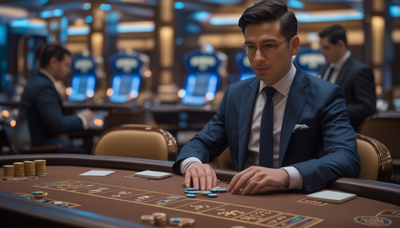 Seorang pemain baccarat tampak tenang dan fokus di meja kasino sambil mengatur chip dengan rapi.