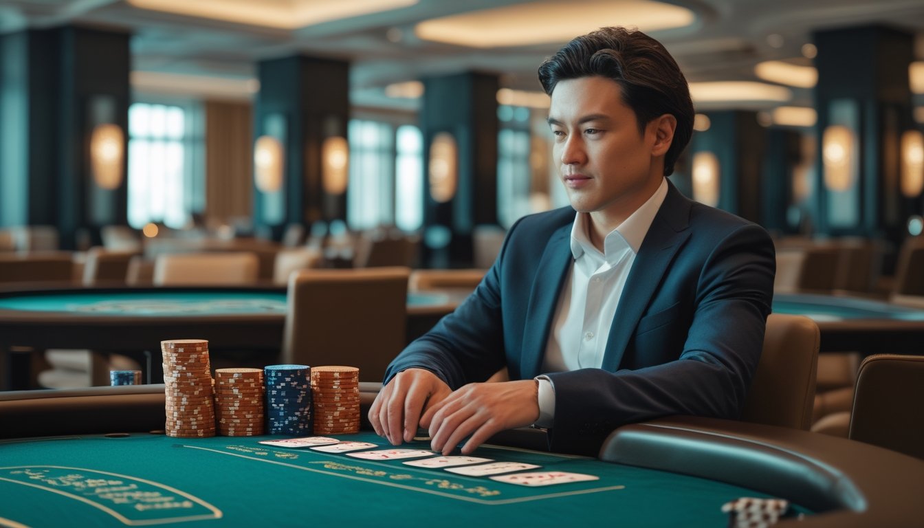 Pemain baccarat yang tenang mengamati meja permainan dengan kartu dan keping taruhan.