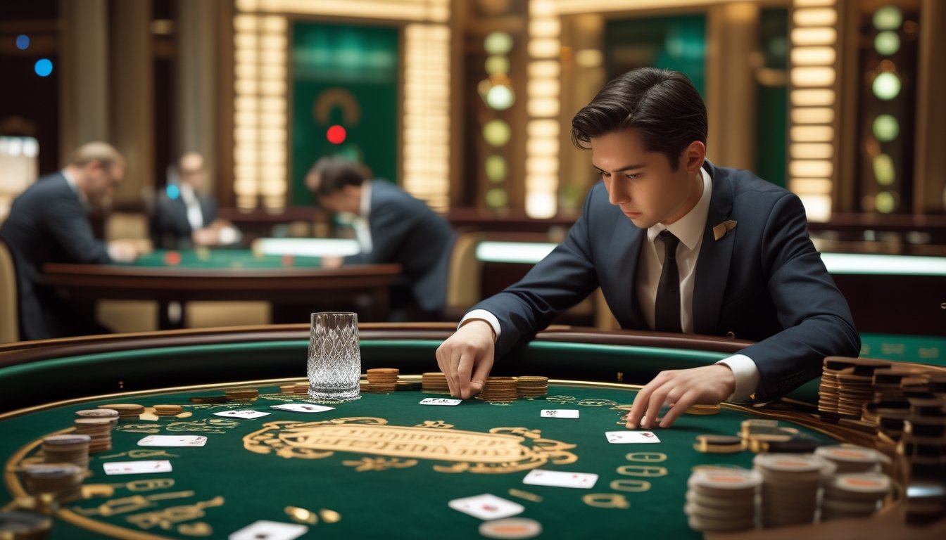 Seorang pemain mengamati meja baccarat dengan kartu dan keping kasino di suasana kasino yang elegan.