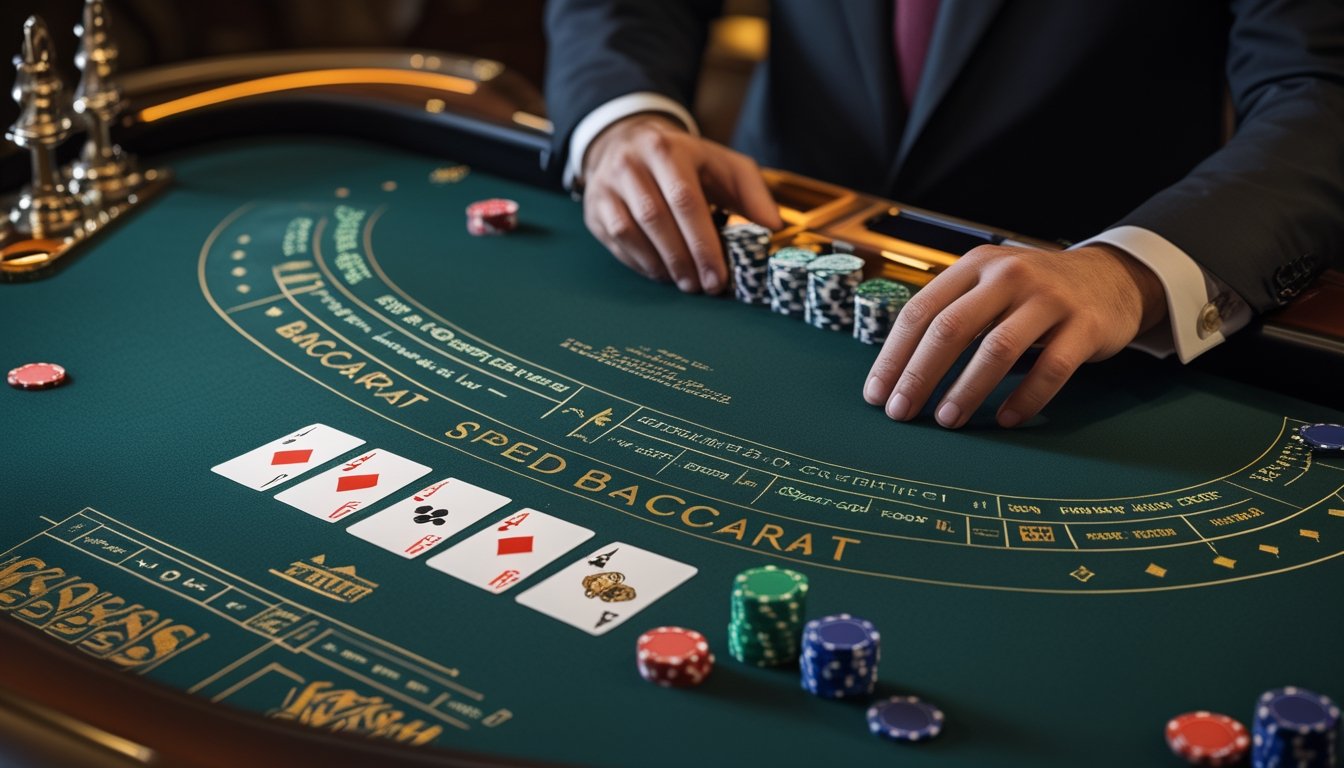 Meja baccarat modern dengan kartu, chip kasino, dan tangan dealer yang menyiapkan permainan.