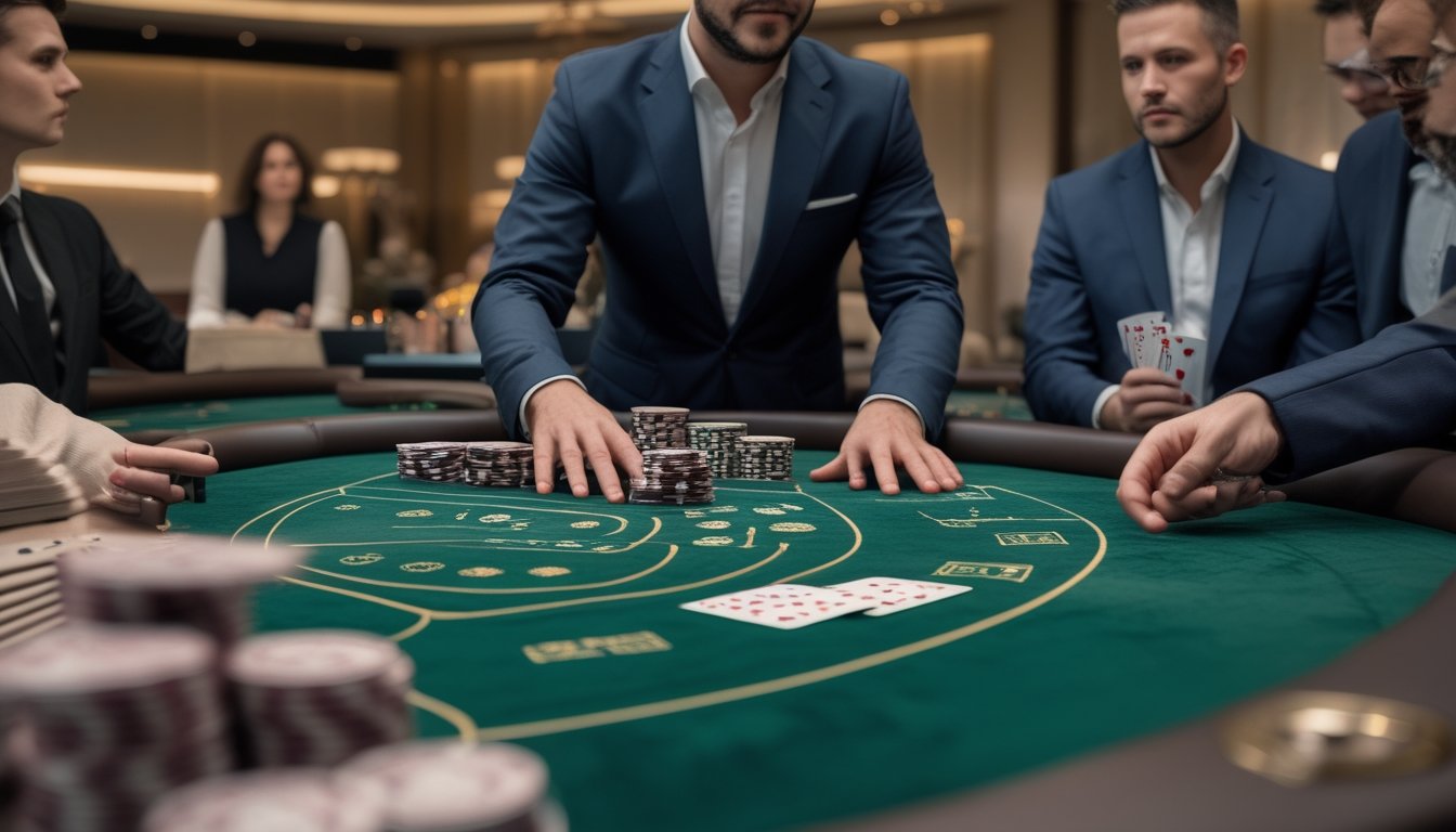 Dealer dan beberapa pemain fokus pada permainan baccarat cepat di meja kasino.