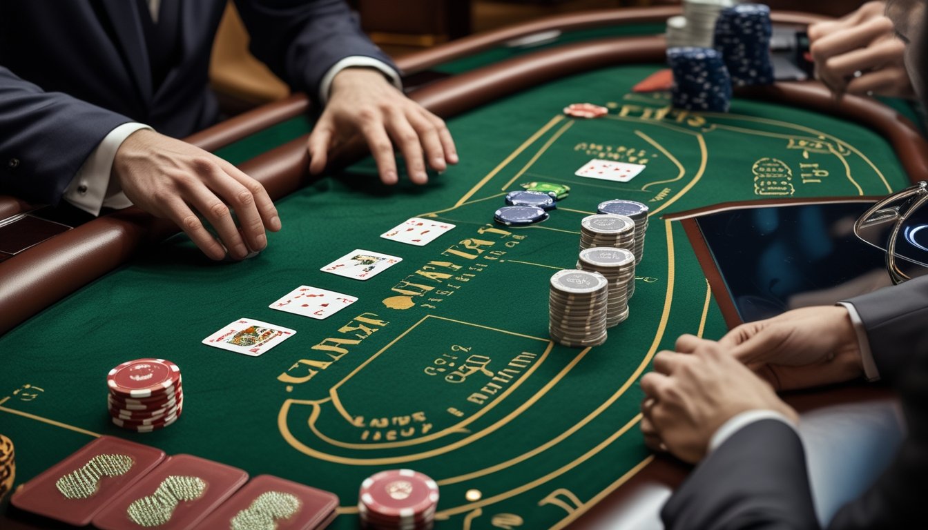 Dealer dan pemain berfokus pada permainan baccarat cepat di meja kasino dengan kartu dan keping taruhan.