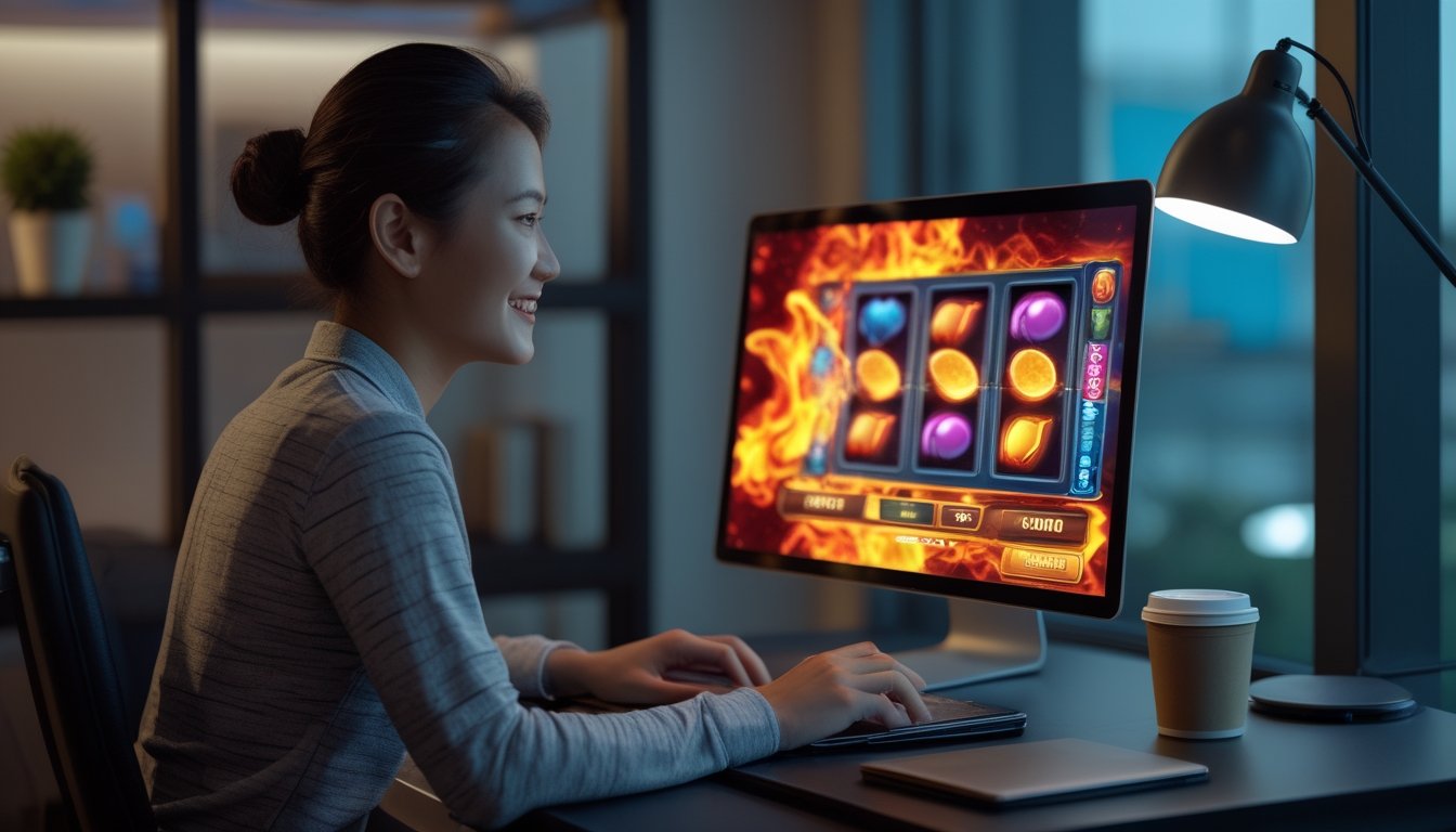 Seorang pemula mempelajari permainan slot di laptop pada meja kerja modern.