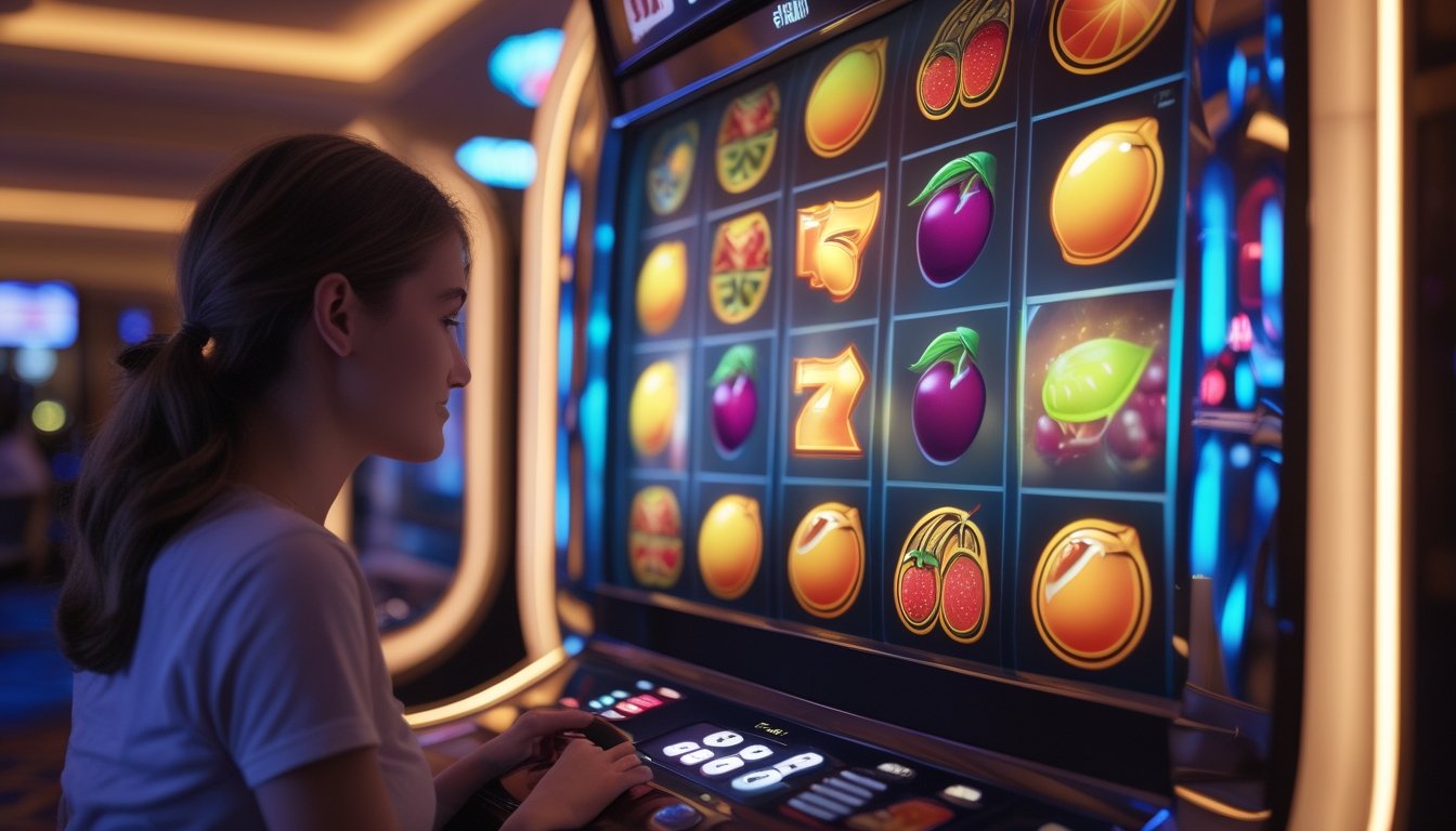 Seorang pemula memainkan mesin slot bertema buah di kasino dengan suasana hangat.