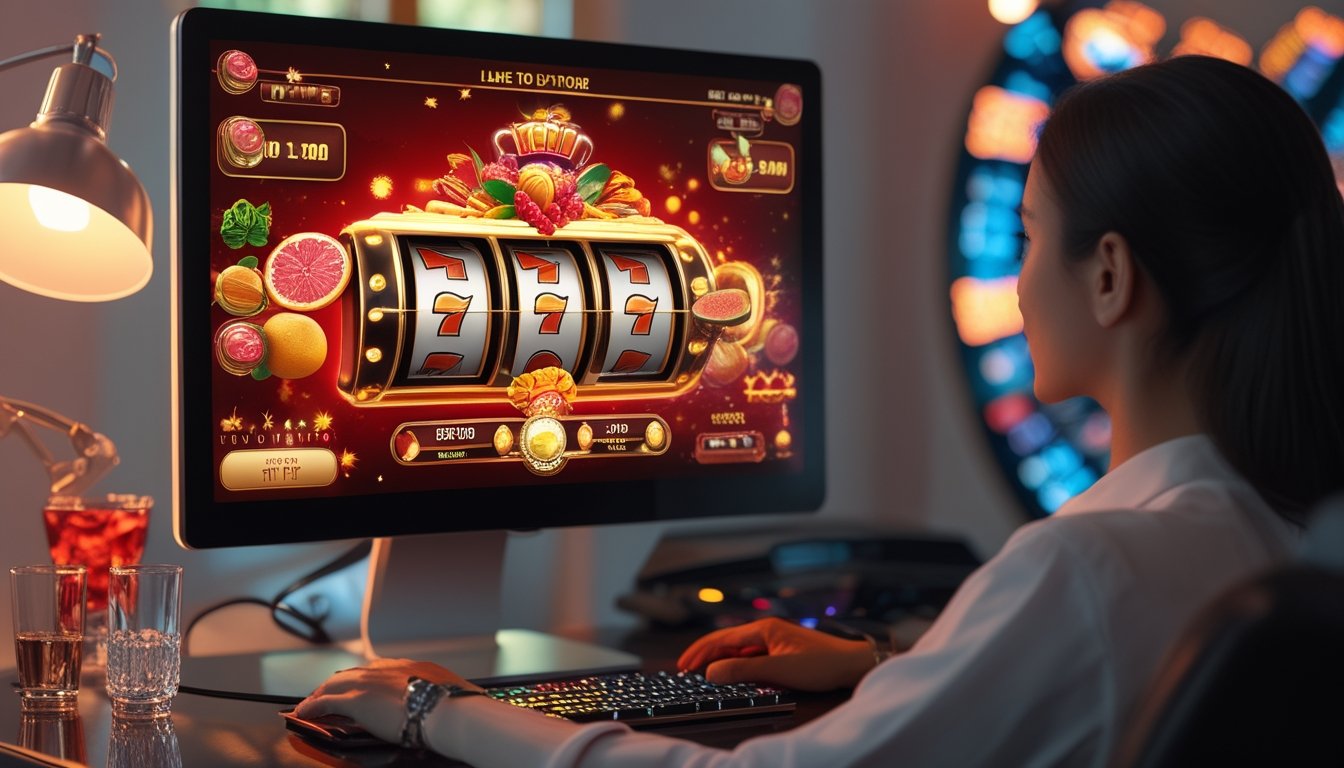 Orang dewasa melihat layar perangkat dengan tampilan permainan slot bertema buah berwarna merah dan emas.