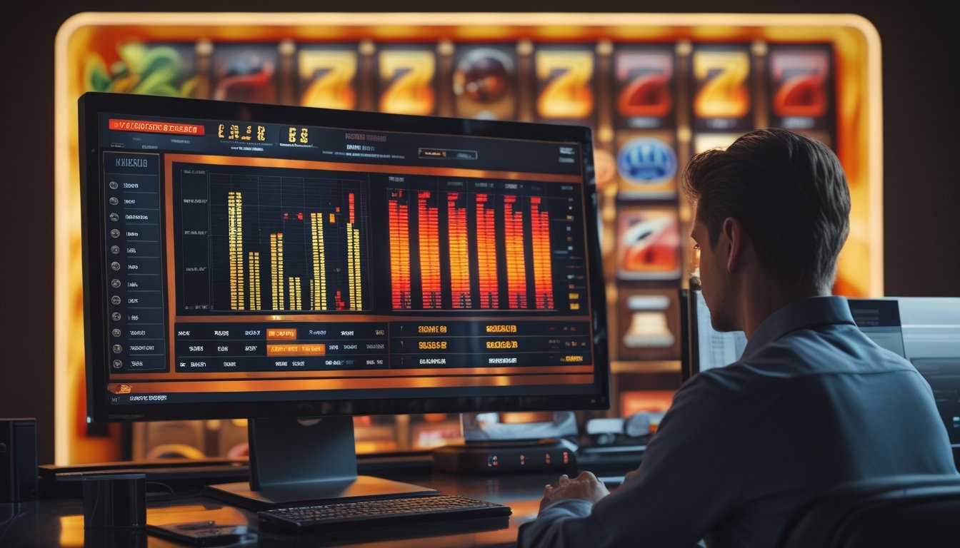 Seorang analis mempelajari grafik volatilitas dan data RTP pada layar komputer dengan latar mesin slot bercahaya.