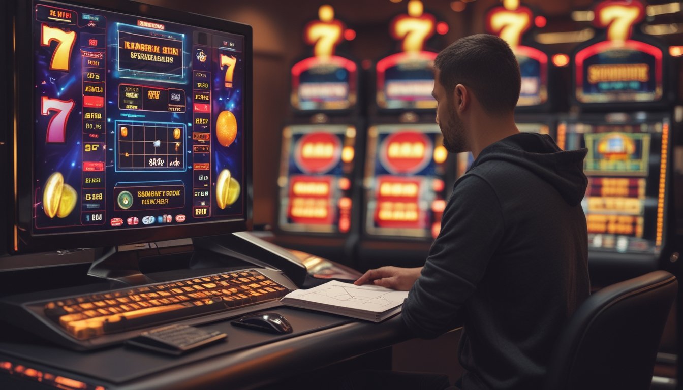 Pemain mempelajari pola putaran dan grafik variasi pada mesin slot bertema buah.