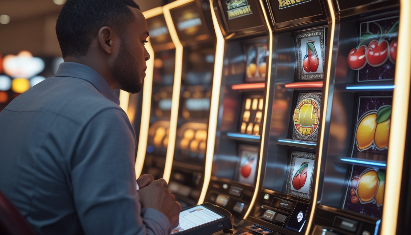 Seorang pemain mengamati mesin slot bertema buah di lingkungan kasino modern.