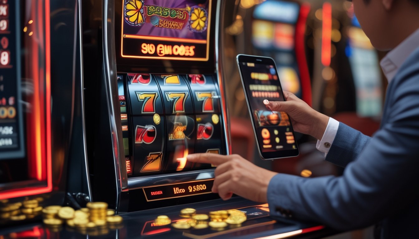 Perangkat permainan slot bercahaya dengan koin emas dan tangan orang dewasa yang menggunakan tablet.