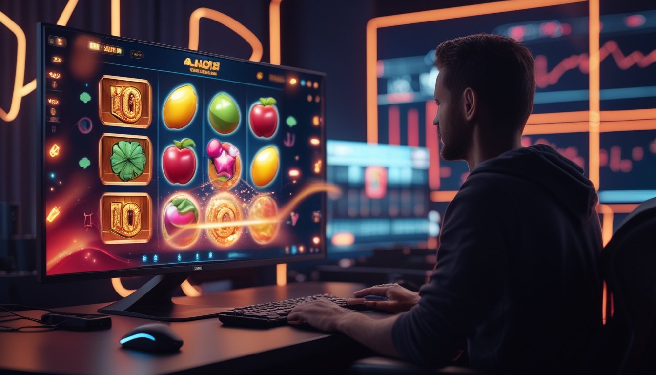 Suasana bermain slot online pada malam hari dengan layar berwarna-warni dan pencahayaan merah keemasan.
