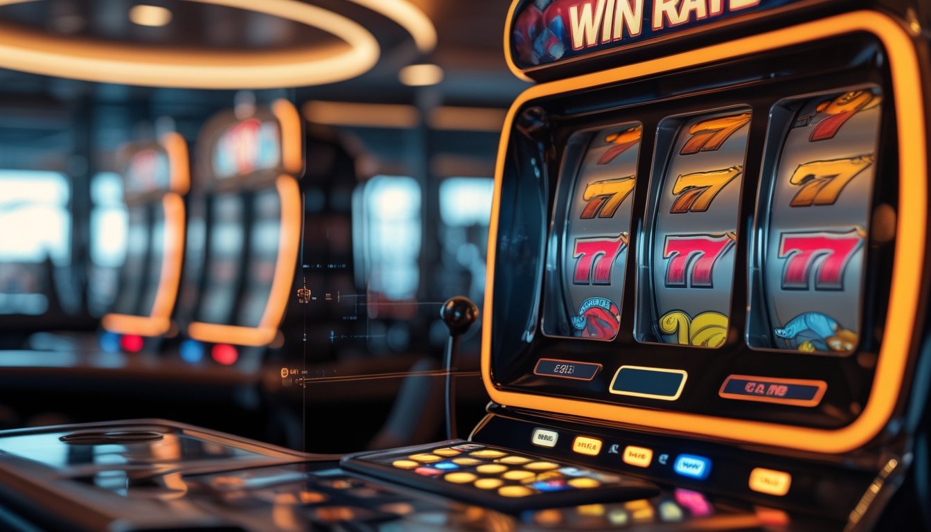 Mesin slot bertema merah menyala di ruang kasino modern dengan elemen grafik abstrak yang menggambarkan analisis peluang.