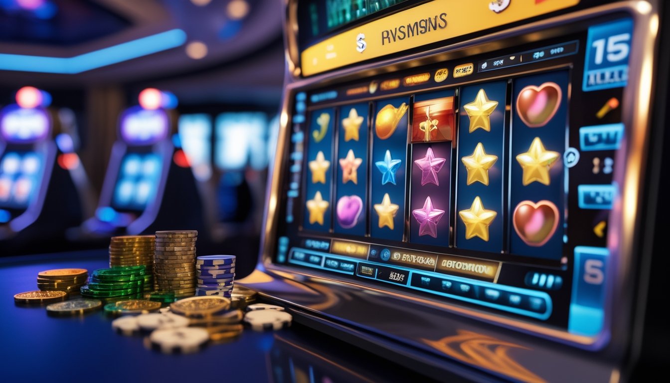 Mesin slot modern dengan simbol buah, koin, dan ikon bonus di ruang permainan yang elegan.