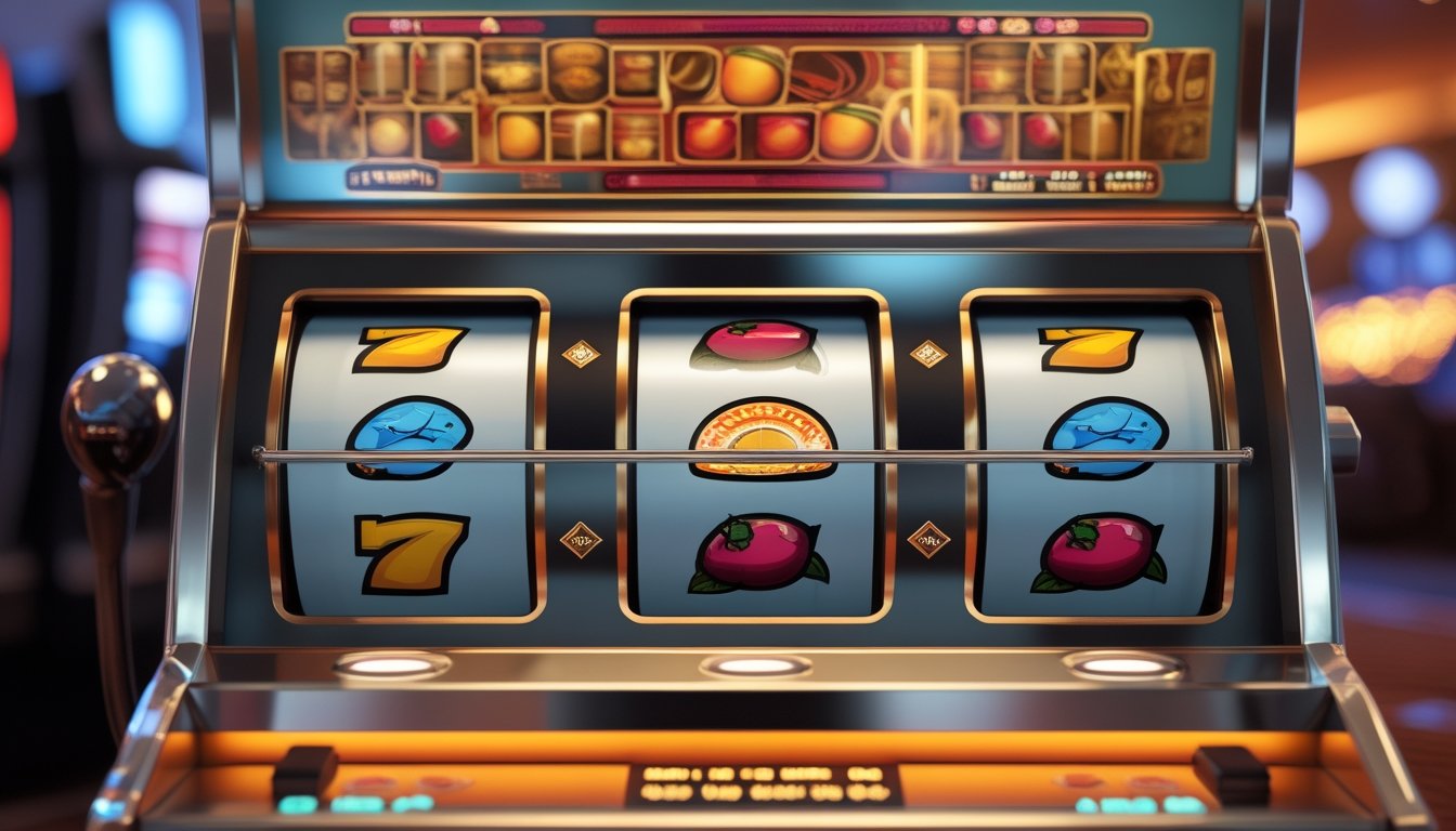 Mesin slot bertema buah dengan gulungan simbol yang diterangi di lingkungan kasino modern.