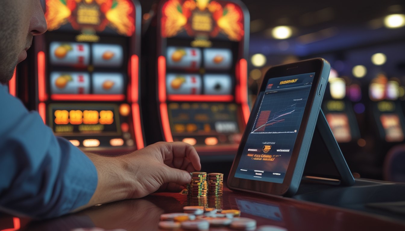 Seorang pemain mengatur tumpukan chip kecil di depan mesin slot bertema buah dengan ponsel yang menampilkan grafik anggaran.