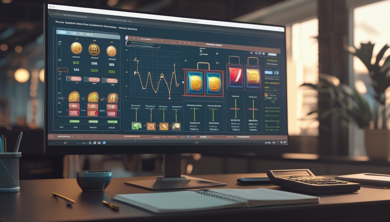 Meja kerja analis dengan monitor berisi grafik abstrak dan tampilan mesin slot berwarna-warni.