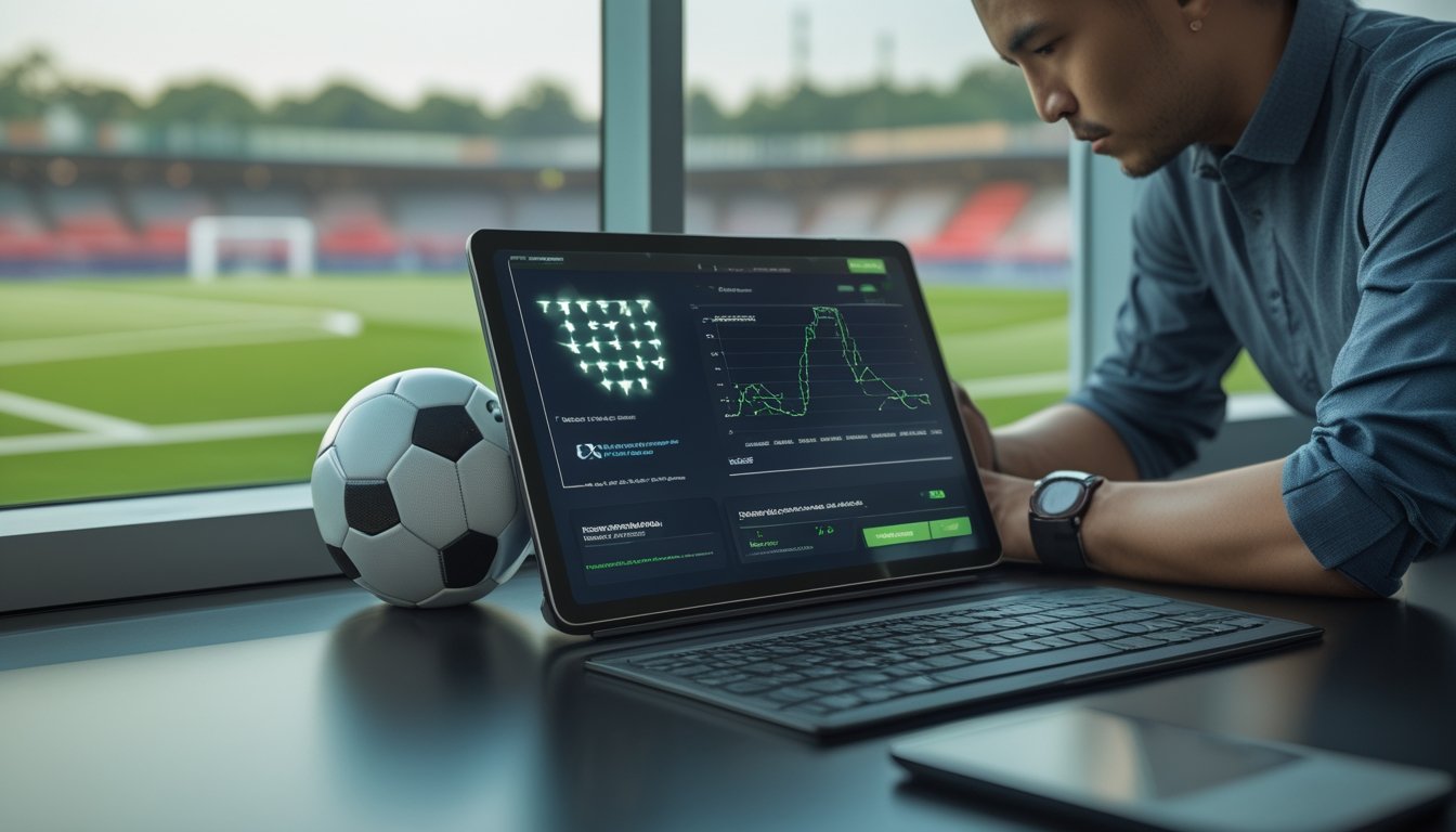 Analis olahraga memeriksa data pertandingan sepak bola di ruang kerja modern dengan bola di latar depan.