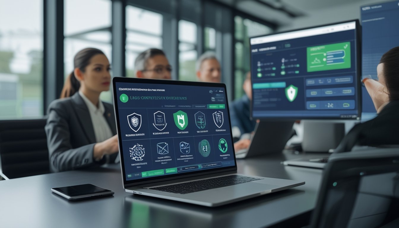 Tim ahli memeriksa keamanan dan kepatuhan platform olahraga digital di kantor modern.
