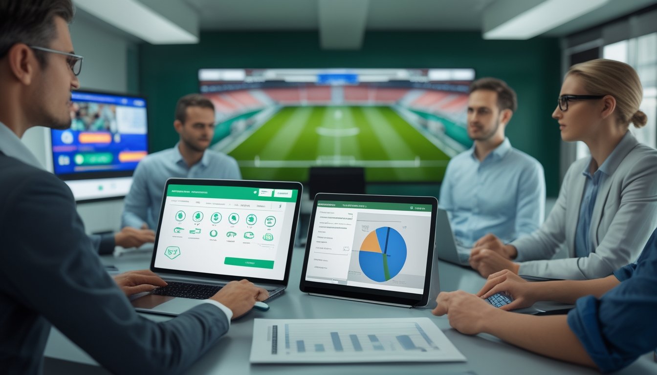 Analis dewasa membandingkan layanan platform taruhan sepak bola melalui laptop dan tablet di ruang kerja modern dengan latar pertandingan sepak bola.