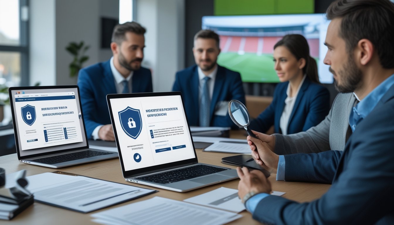 Sekelompok profesional memeriksa dokumen regulasi dan keamanan operator sepak bola di kantor modern.