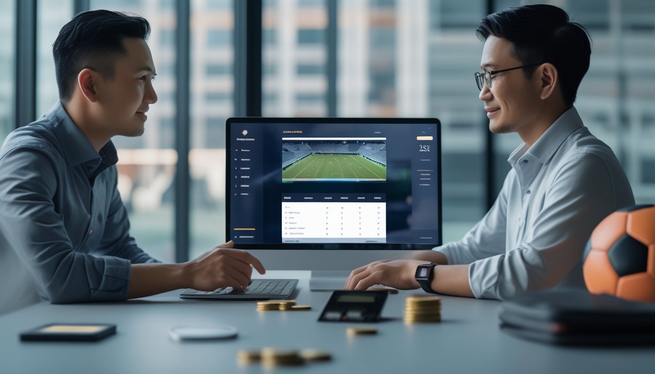Seorang pria dan wanita melihat laptop bertema sepak bola di meja dengan ponsel, kalkulator, dompet, koin, dan bola.